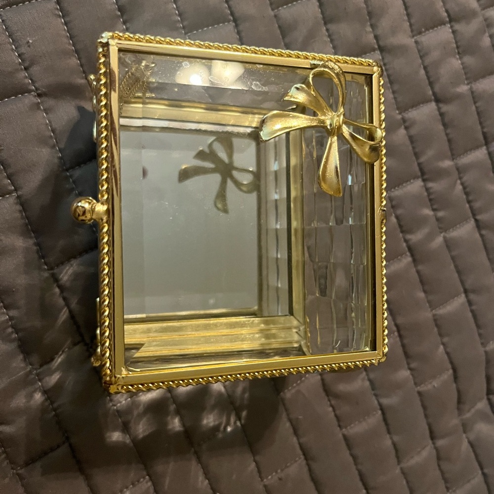 Gold Glass Jewelry Box with Bow Accent